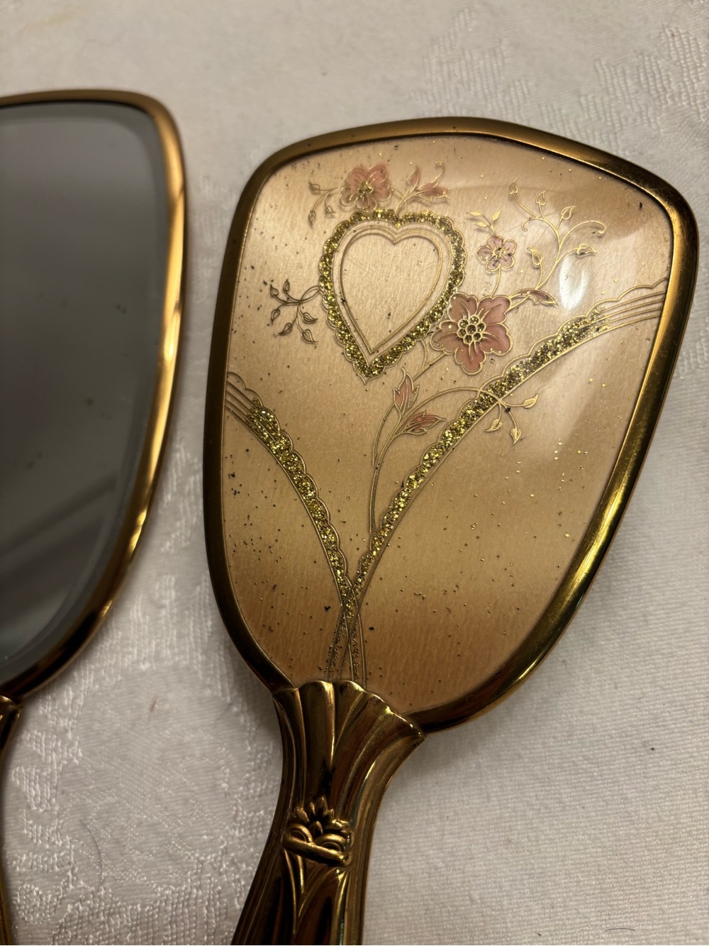 Vintage Gold Hand Mirror and Brush Set with Pink Floral Heart - Picture 9 of 9